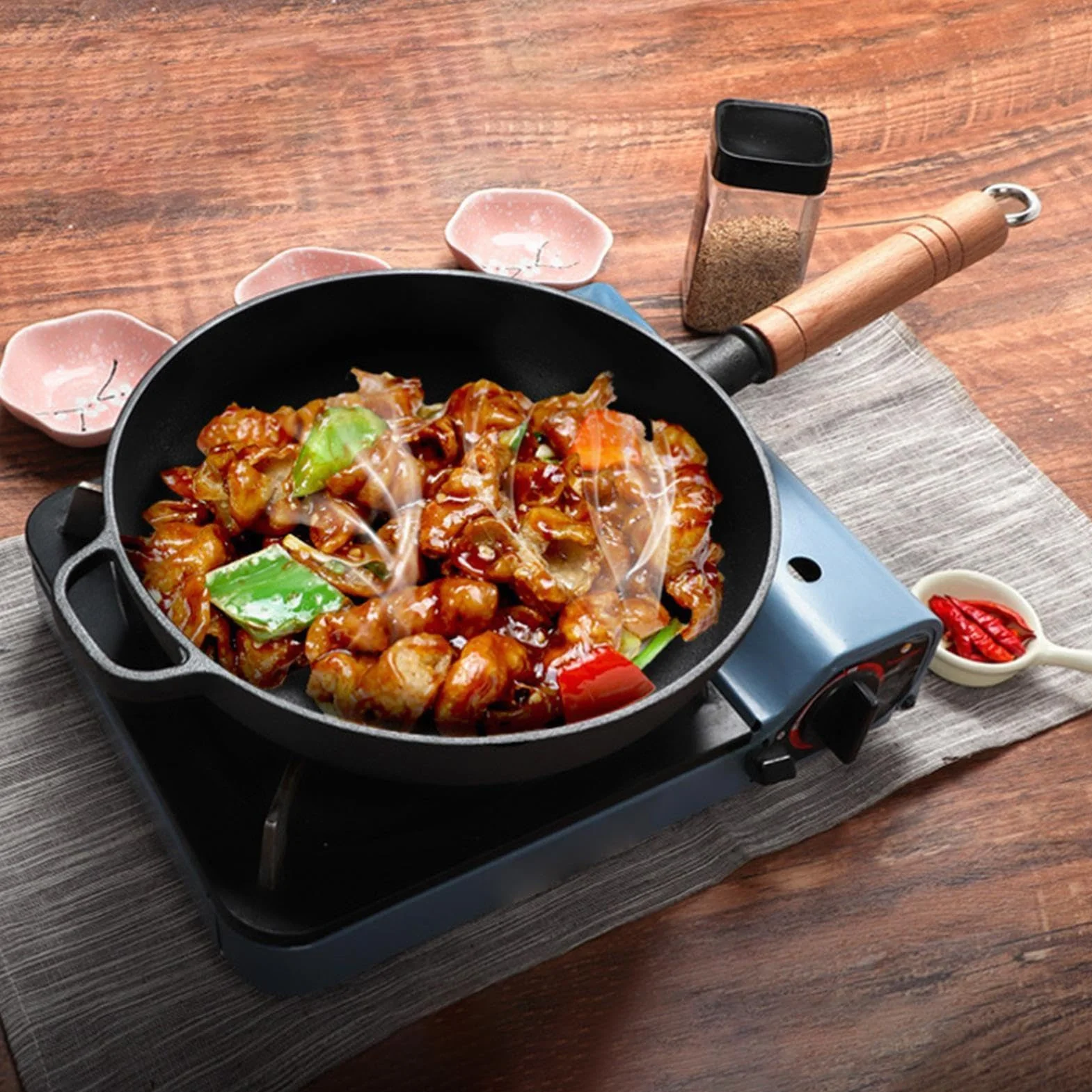 Sartenes De Hierro Fundido Sartén Antiadherente Con Mango Madera Ergonómico | Plancha Grill Cocina Para Cocinar, Hogar, Camping, Dorar, Hornear, Saltear, Tortilla, Pescado, Huevos