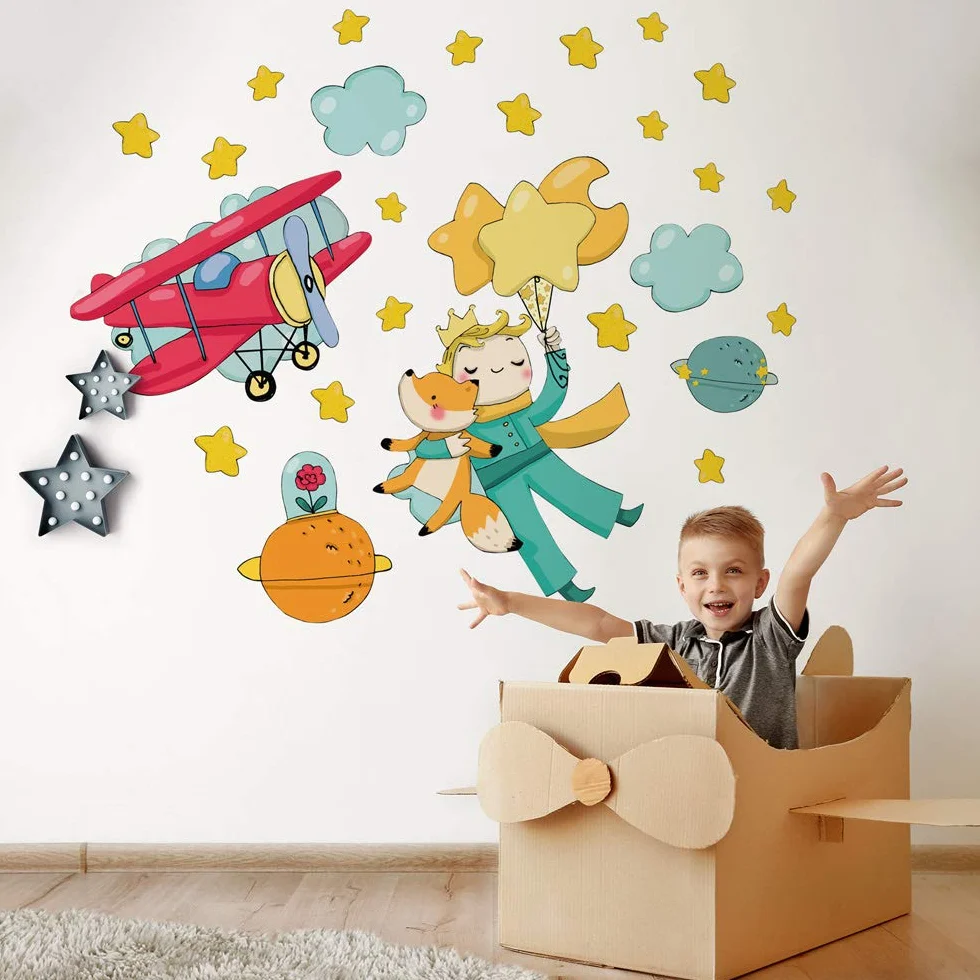 Pegatinas Pared Infantil Ecológico Hipoalergénico Efecto Tela Suave Fábula El Principito Decoración Reposicionable Pared Habitación Niños Bebés Recién Nacidos Adhesivo Papel Pintado