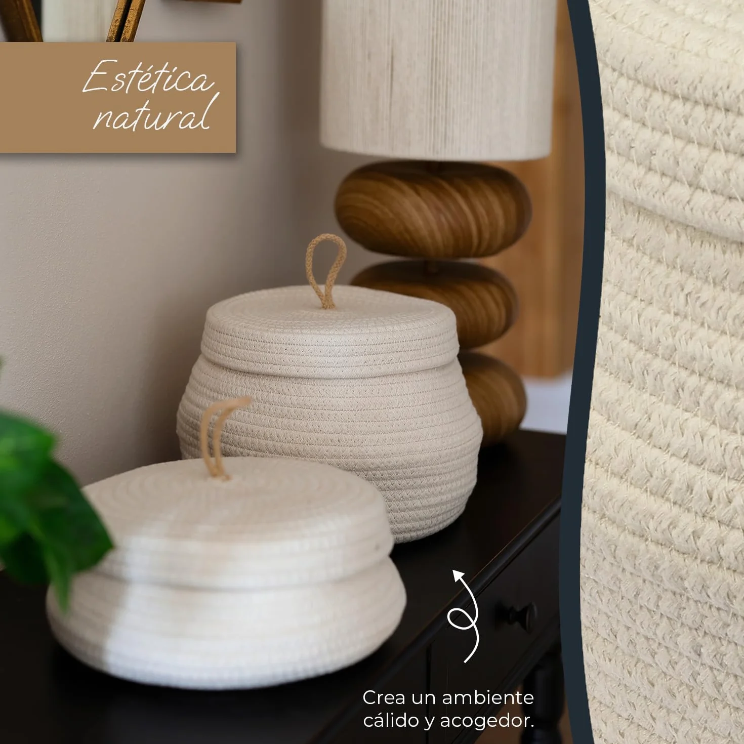 HMF Cesta de almacenamiento redonda para baño, cesta con tapa de algodón, altura 25,5 x 19 cm, color crema