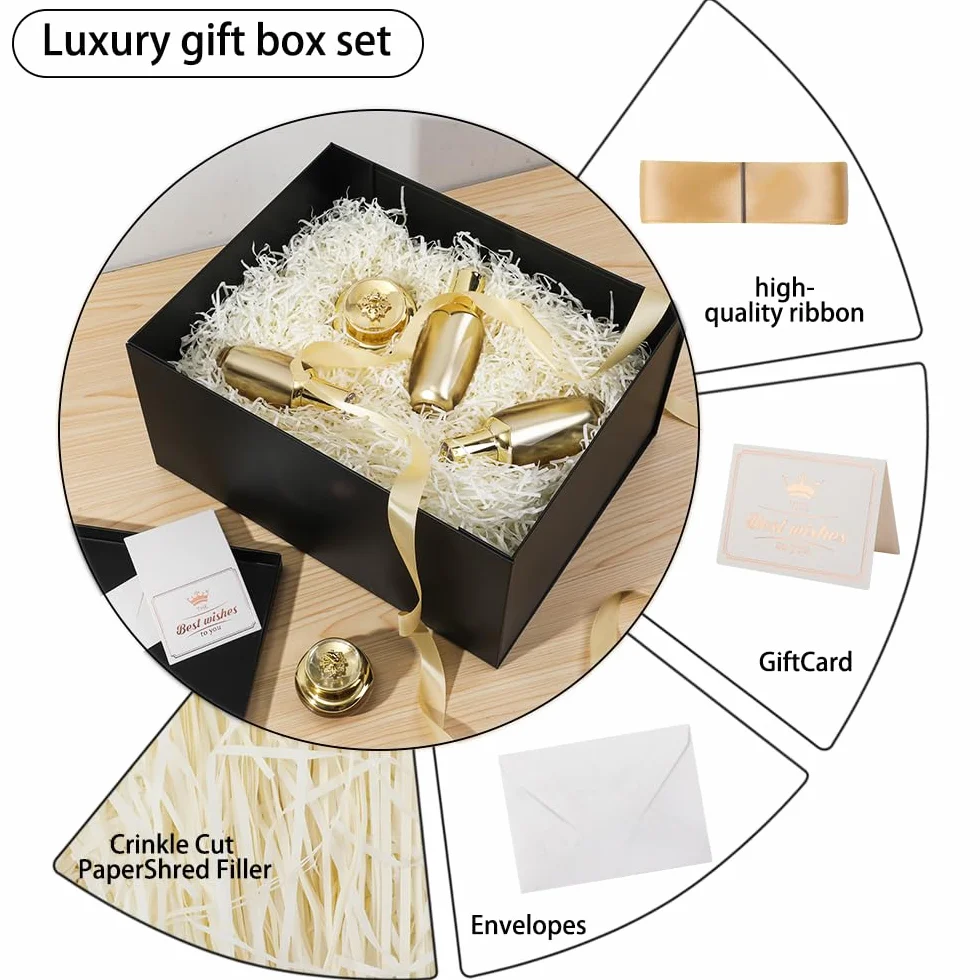 Caja de regalo grande Negro con tapa 42 x 32 x 15,5 cm, Cajas de Regalo Premium con Tapa y Cinta para Regalos de San Valentín, Navidad Incluye Papel seda triturado Tarjetas sobre