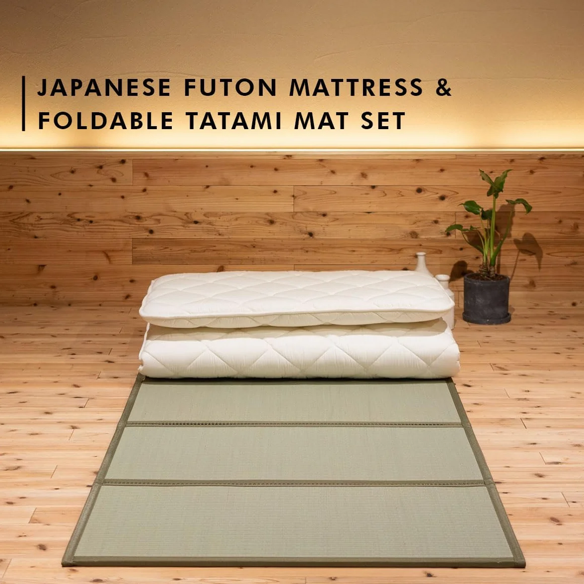 EMOOR Conjunto de Colchón Futón Japonés y Tatami Plegable Premium CLASSE 100 x 200 cm, Tapete para Piso Sikibuton Igusa Natural