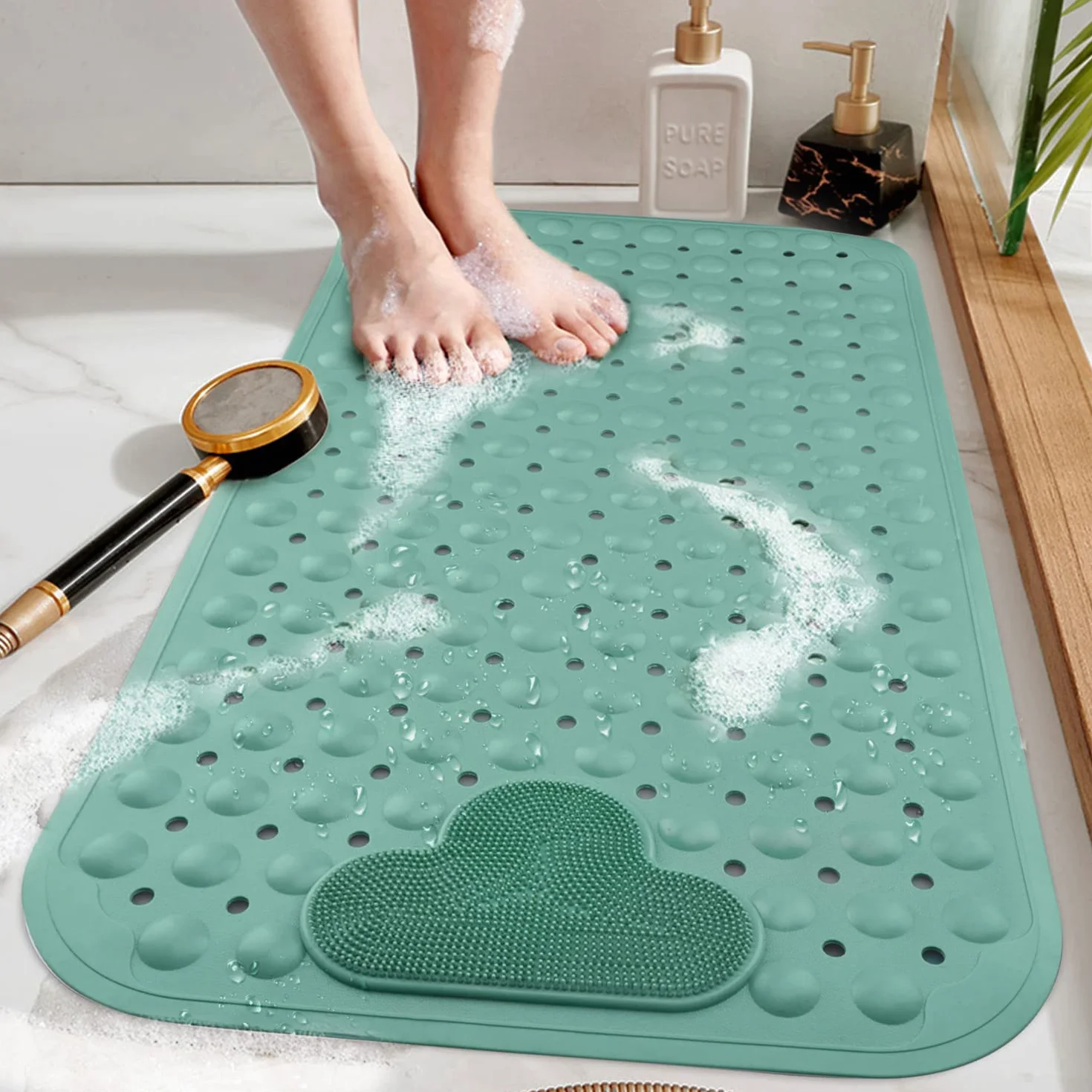 Alfombrilla de ducha antideslizante con ventosas y orificios de drenaje, cojín de masaje para mayor seguridad, grande, 70 x 40 cm
