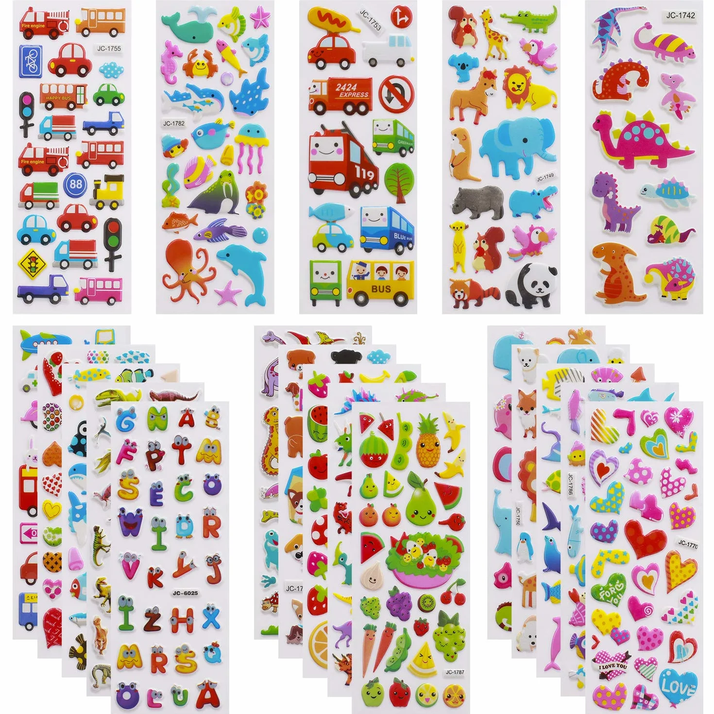 Pegatinas para Niños 600+, 24pcs Pegatinas Infantiles 3D Puffy Stickers, Aplicable Gratificantes Regalos Scrapbooking, Que Incluyen Automóviles,Animales, Números, Frutas, Letras, Vida Marina