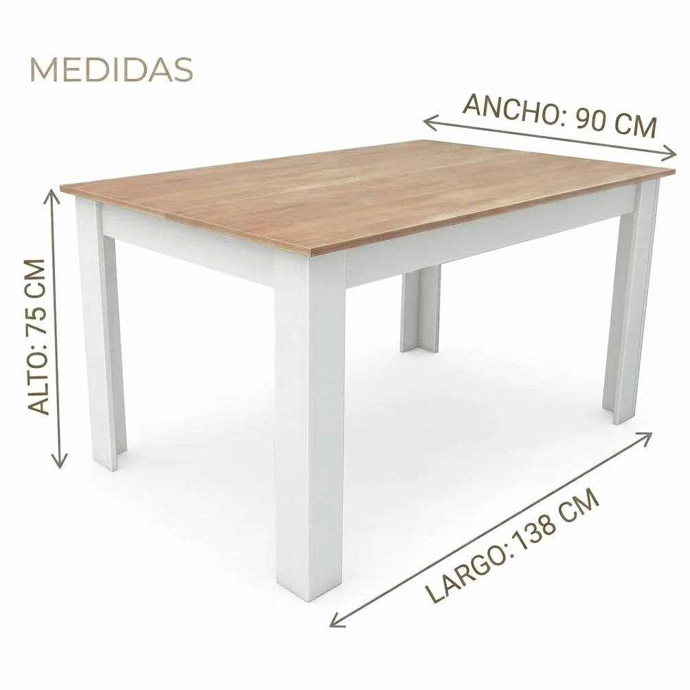 edihome, Mesa Comedor, 138 (Largo) x 90 (Ancho) x 75 (Alto), Modelo Denver, para salón, Cocina, Acabado Blanco y Cambria (Blanco/Madera)
