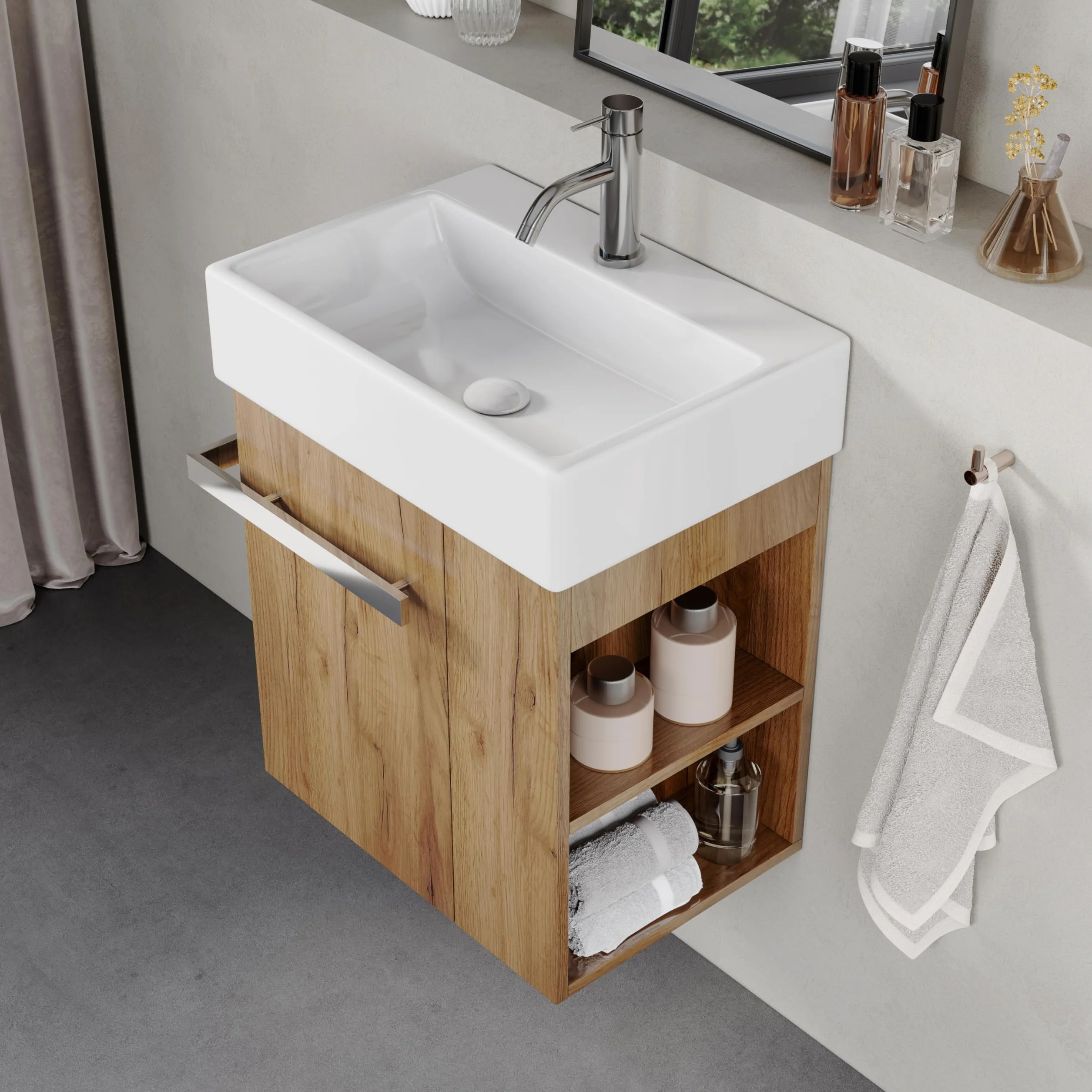 Mueble de Baño 50 cm con Lavabo de Cerámica – Cajón con Cierre Suave, Tirador para Toallas, Instalación Izquierda/Derecha Opcional, European Oak